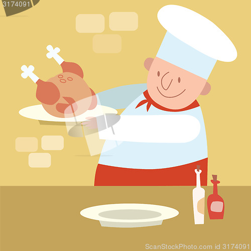 Image of Chef restaurant in kitchen cooking poultry chicken