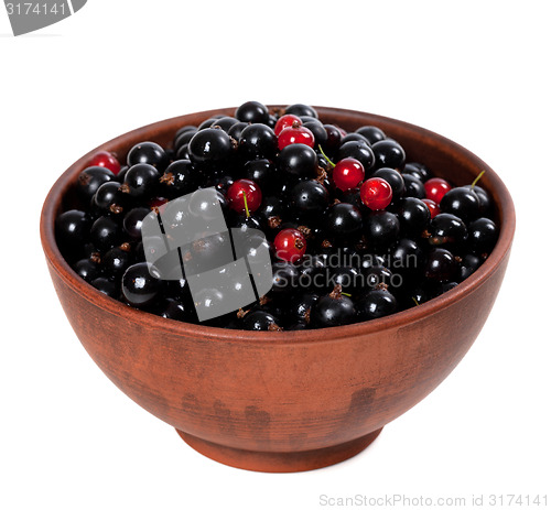 Image of Blackcurrants with redcurrants in ceramic bowl