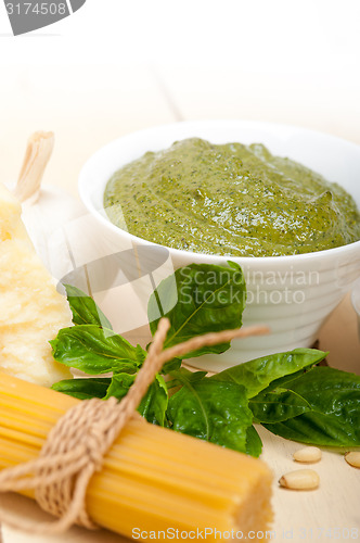 Image of Italian traditional basil pesto pasta ingredients