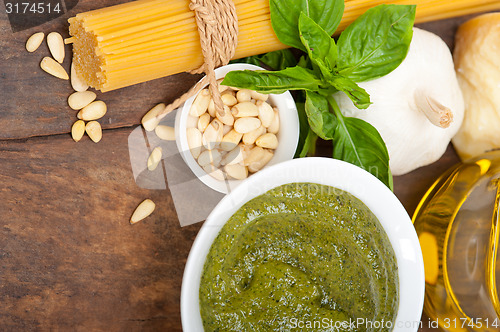 Image of Italian traditional basil pesto pasta ingredients