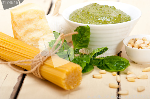 Image of Italian traditional basil pesto pasta ingredients