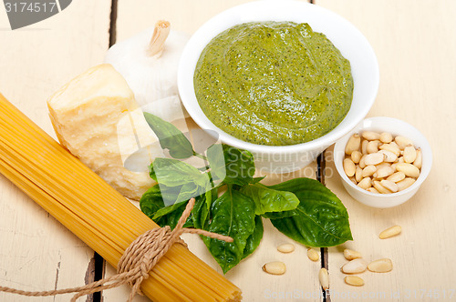 Image of Italian traditional basil pesto pasta ingredients