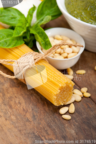 Image of Italian traditional basil pesto pasta ingredients