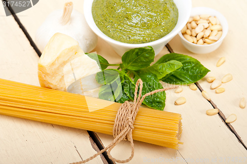 Image of Italian traditional basil pesto pasta ingredients