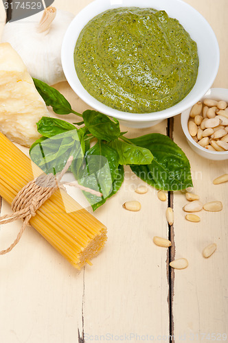 Image of Italian traditional basil pesto pasta ingredients