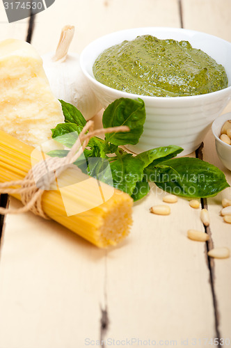 Image of Italian traditional basil pesto pasta ingredients