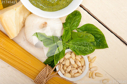 Image of Italian traditional basil pesto pasta ingredients