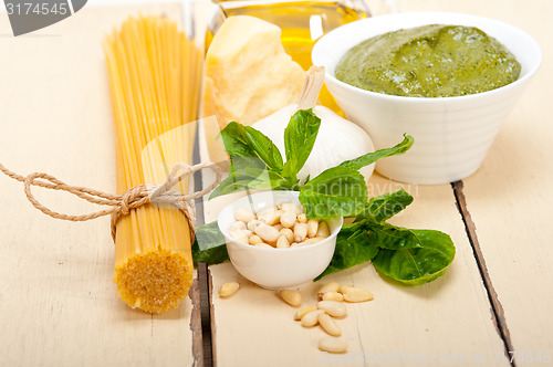 Image of Italian traditional basil pesto pasta ingredients