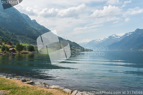 Image of Small village at the shore of fjord, Norway