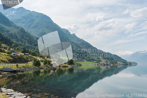 Image of Small village at the shore of fjord, Norway