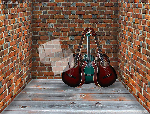 Image of three guitars in the corner of the room