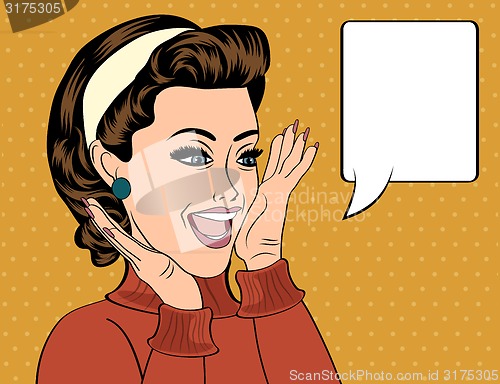Image of pop art cute retro woman in comics style with message