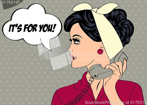 Image of pop art cute retro woman in comics style with message