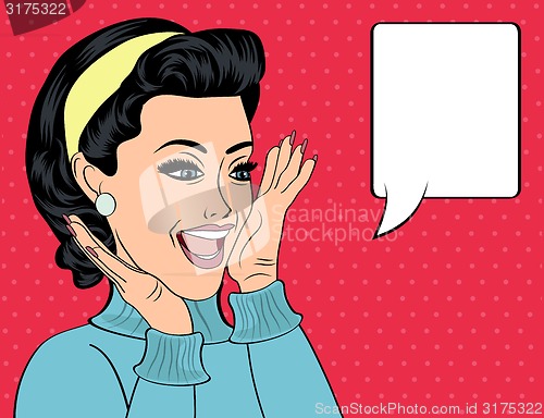 Image of pop art cute retro woman in comics style with message