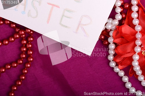 Image of Easter setting with gift box and spring decoration