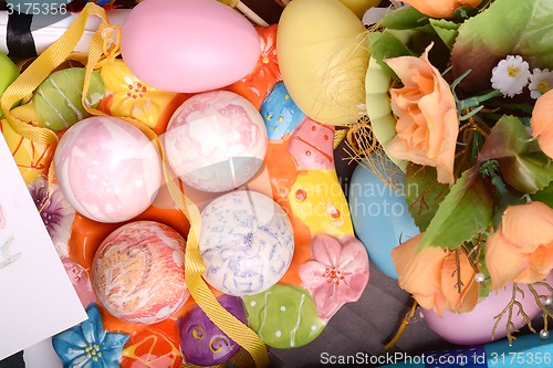 Image of Easter background with eggs and gift box