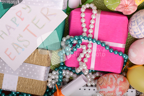 Image of Easter background with eggs and gift box