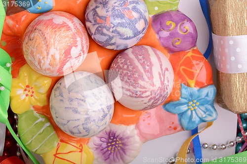 Image of Easter background with eggs and gift box