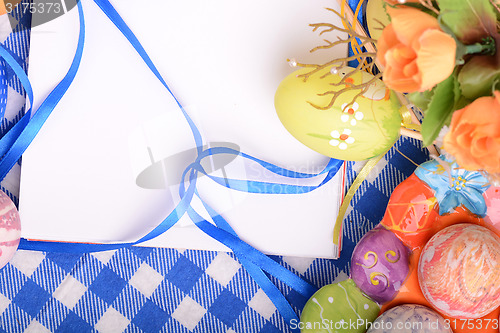 Image of Easter background with eggs and gift box