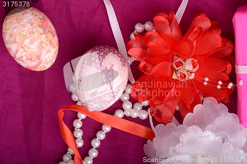 Image of Easter background with eggs and gift box