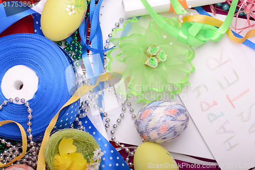 Image of Easter background with eggs and gift box