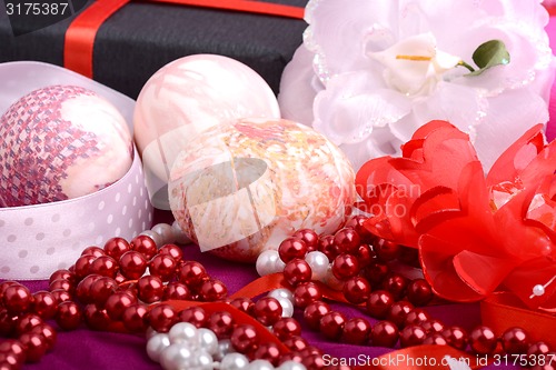 Image of Easter setting with gift box and spring decoration