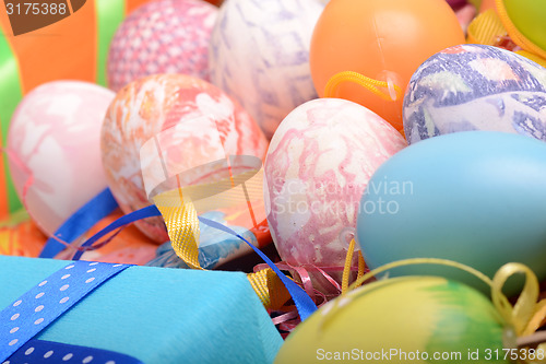 Image of Easter background with eggs and gift box