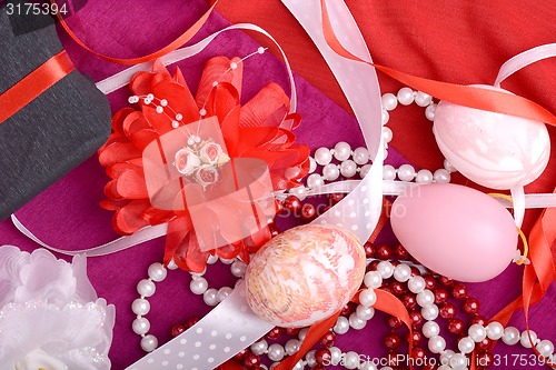 Image of Easter background with eggs, ribbons and spring decoration