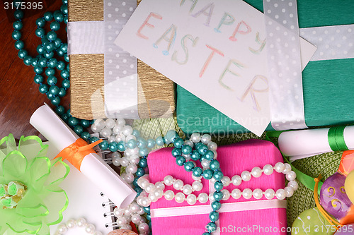 Image of Easter background with eggs and gift box