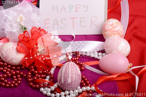 Image of Easter background with eggs and gift box