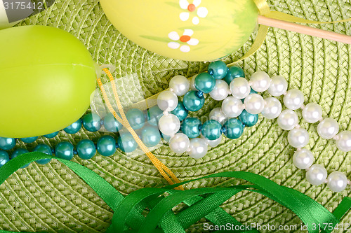 Image of Easter setting with gift box and spring decoration