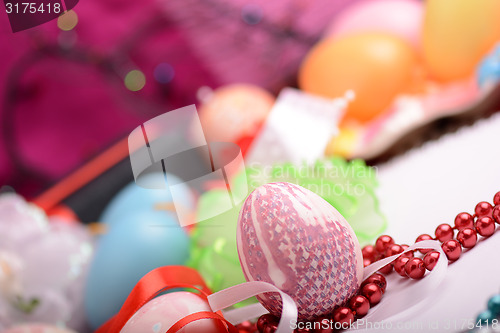 Image of Easter background with eggs and gift box