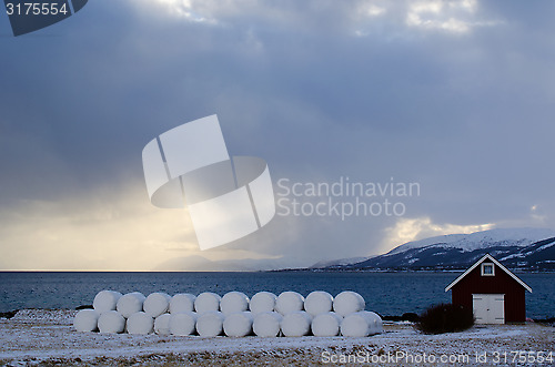 Image of Stack of hay bales in North of Norway