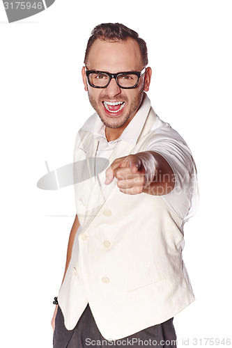 Image of Expressive dude man pointing at camera