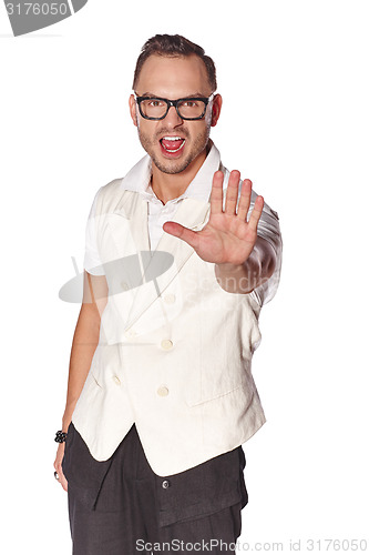 Image of Expressive dude man pointing at camera