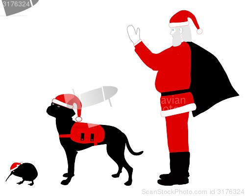 Image of Santa Claus dog and kiwi dressed in christmas clothes