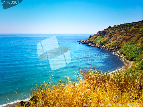 Image of Spanish landscape with blue sea and rocky coast