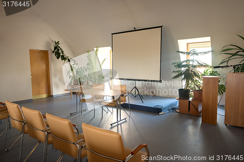 Image of Empty classrom with lot of chairs