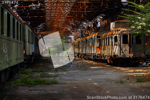 Image of Cargo trains in old train depot