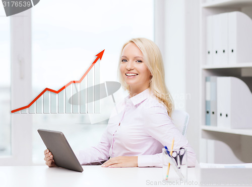 Image of smiling businesswoman or student with tablet pc