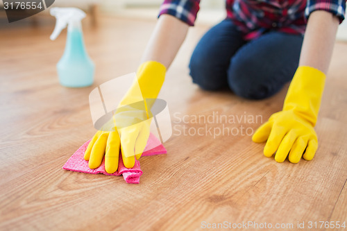 Image of close up of woman with rag cleaning floor at home