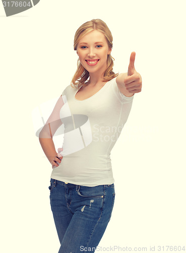 Image of woman in blank white t-shirt with thumbs up
