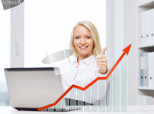 Image of happy businesswoman with laptop showing thumbs up