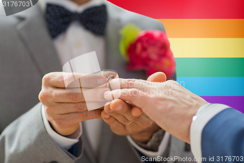 Image of close up of male gay couple hands and wedding ring