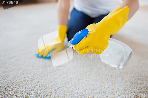 Image of close up of woman with cloth cleaning carpet