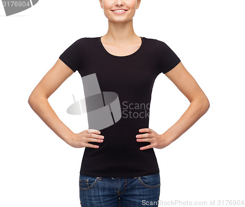 Image of smiling woman in blank black t-shirt