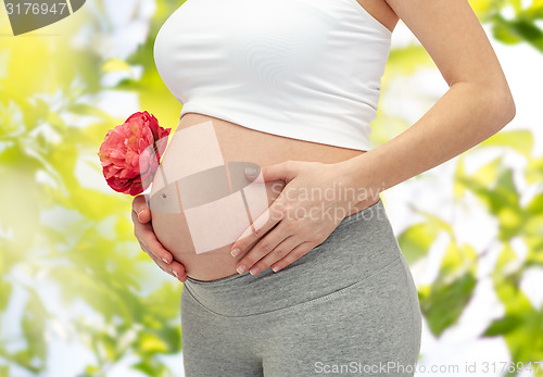 Image of close up of pregnant woman touching her bare tummy