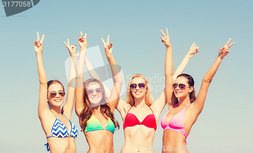 Image of group of smiling young women on beach