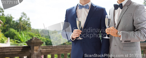 Image of close up of male gay couple with champagne glasses