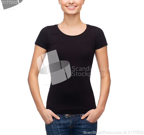 Image of smiling woman in blank black t-shirt